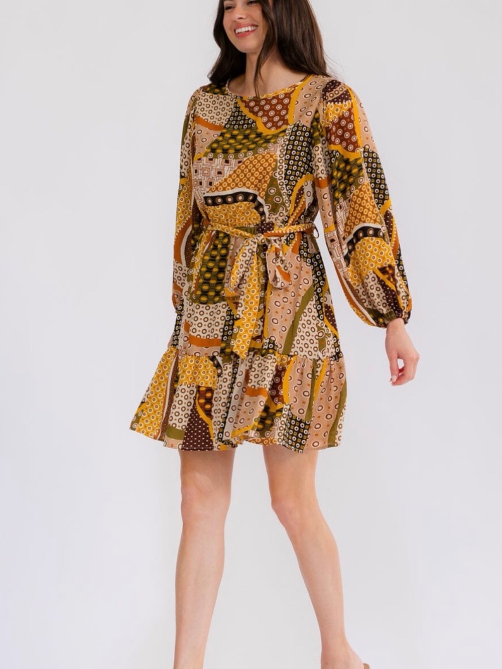Patchwork Print Long-Sleeve Mini Dress in Mustard